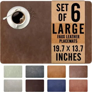 UnivoColors Washed Cowhide Pattern Faux Leather Big Size Placemats Set of 6, Waterproof Easy to Clean Anti-Slip PU Table Mats for Party Decoration19.7″×13.6″,Dark Brown Retro Cowhide Pattern