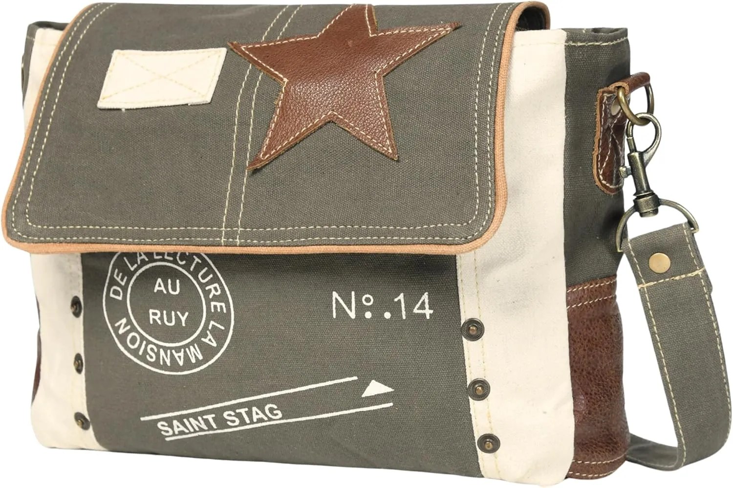 Upcycled Canvas Bags for Women, Star Messenger Bag, Multi Pockets, Star Purses for Women, Star Crossbody Bag, Upcycled Purses and Handbags, Size 12x9x3.5 inches, Grey