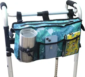 Update Walker Bag Hand Free Storage Bag Walker Attachment Handicap Basket Pouch for Rollator, Wheelchair, Folding Walkers (Blue Floral)