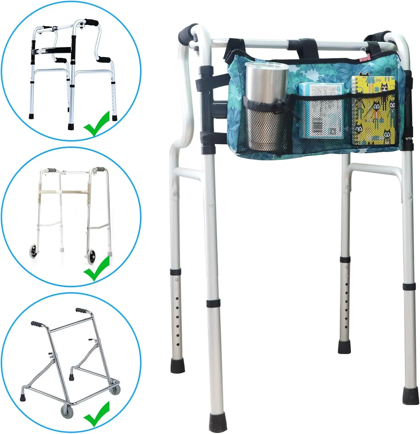 Update Walker Bag Hand Free Storage Bag Walker Attachment Handicap Basket Pouch for Rollator, Wheelchair, Folding Walkers (Blue Floral)