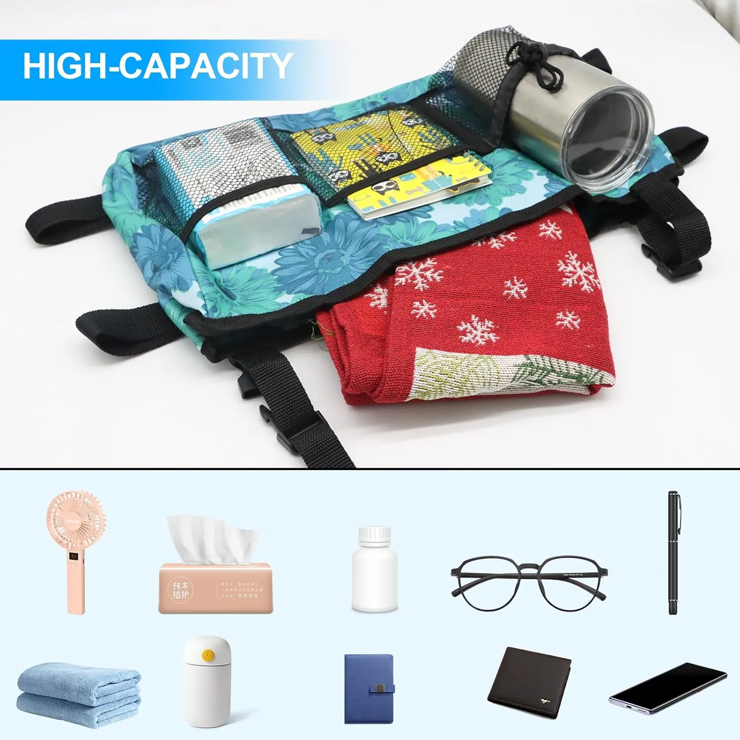 Update Walker Bag Hand Free Storage Bag Walker Attachment Handicap Basket Pouch for Rollator, Wheelchair, Folding Walkers (Blue Floral)