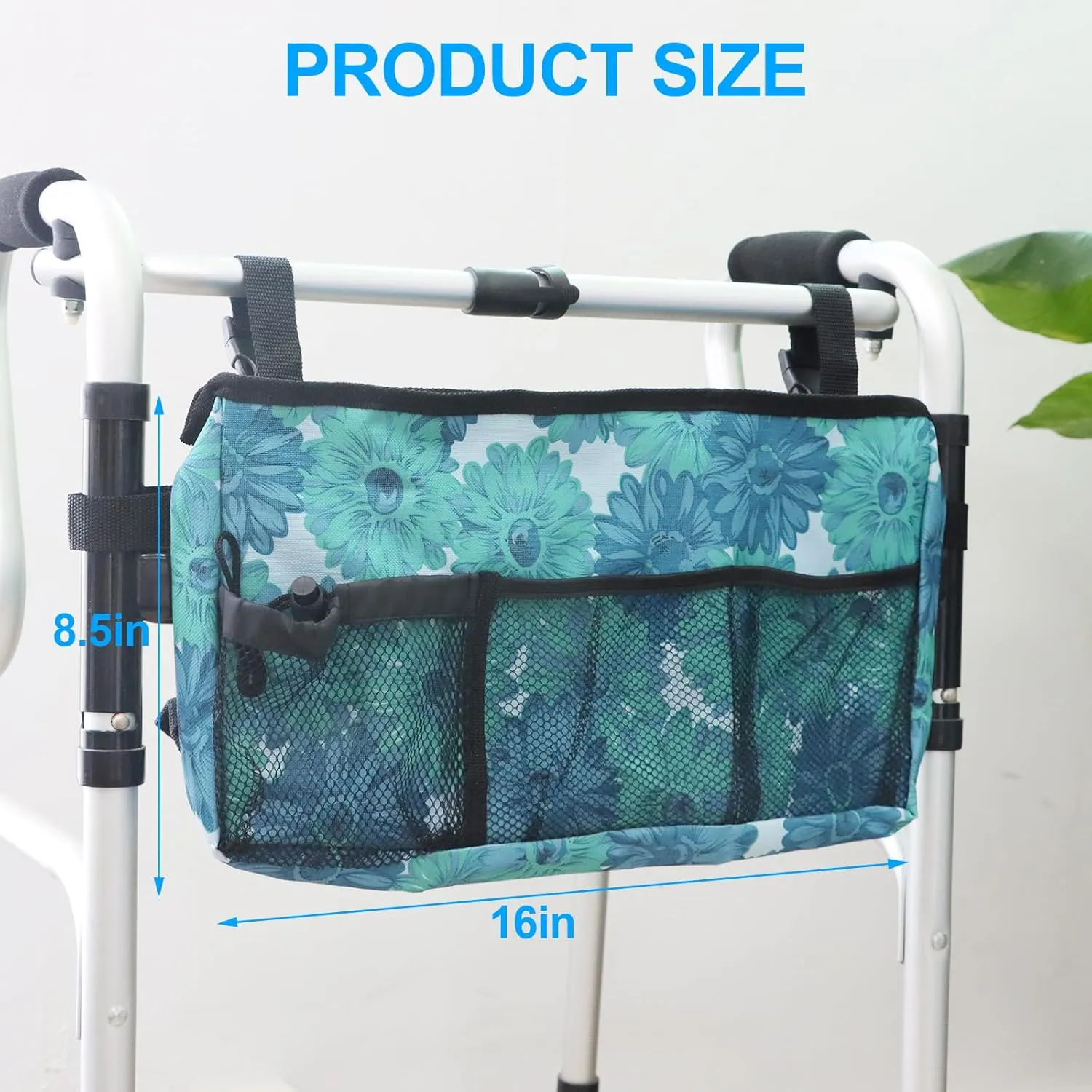 Update Walker Bag Hand Free Storage Bag Walker Attachment Handicap Basket Pouch for Rollator, Wheelchair, Folding Walkers (Blue Floral)