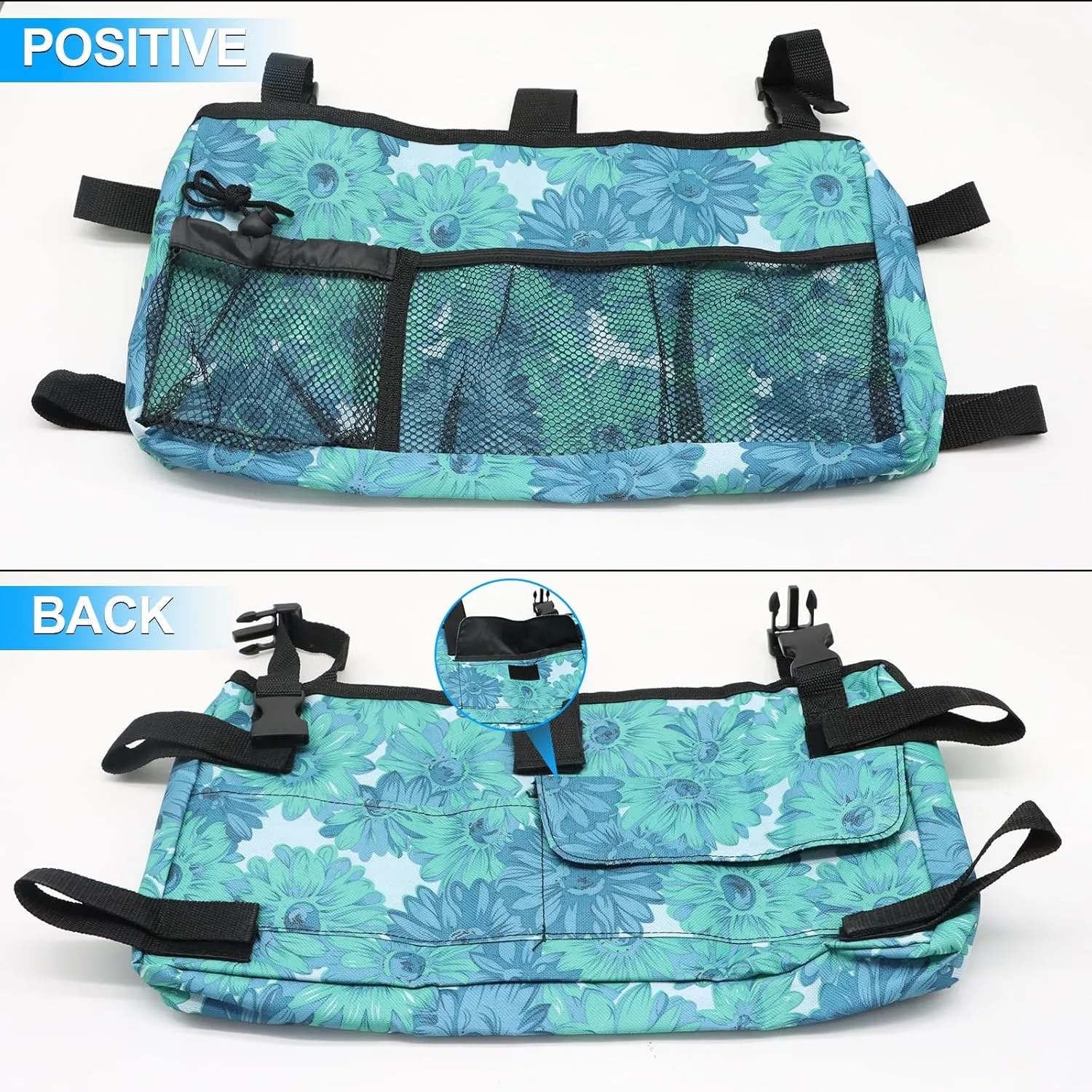 Update Walker Bag Hand Free Storage Bag Walker Attachment Handicap Basket Pouch for Rollator, Wheelchair, Folding Walkers (Blue Floral)