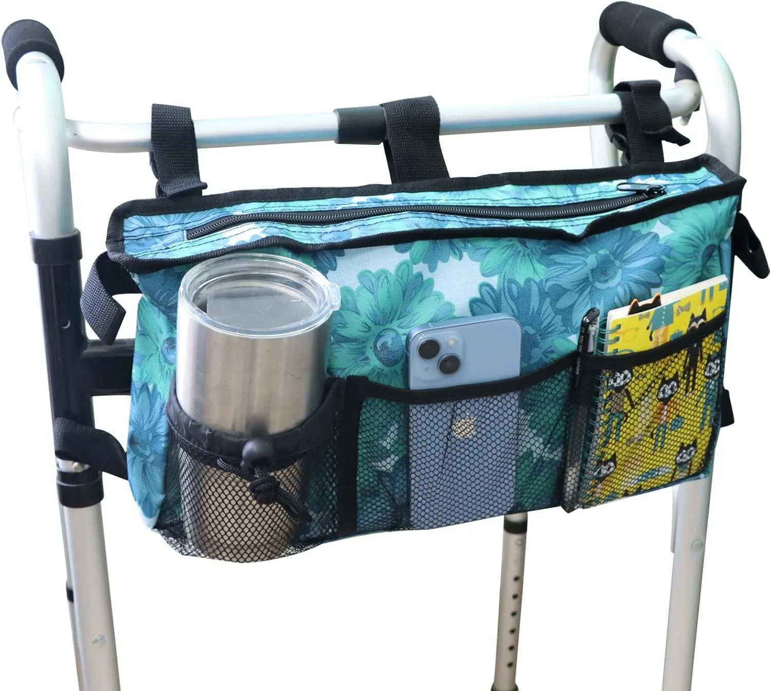 Update Walker Bag Hand Free Storage Bag Walker Attachment Handicap Basket Pouch for Rollator, Wheelchair, Folding Walkers (Blue Floral)