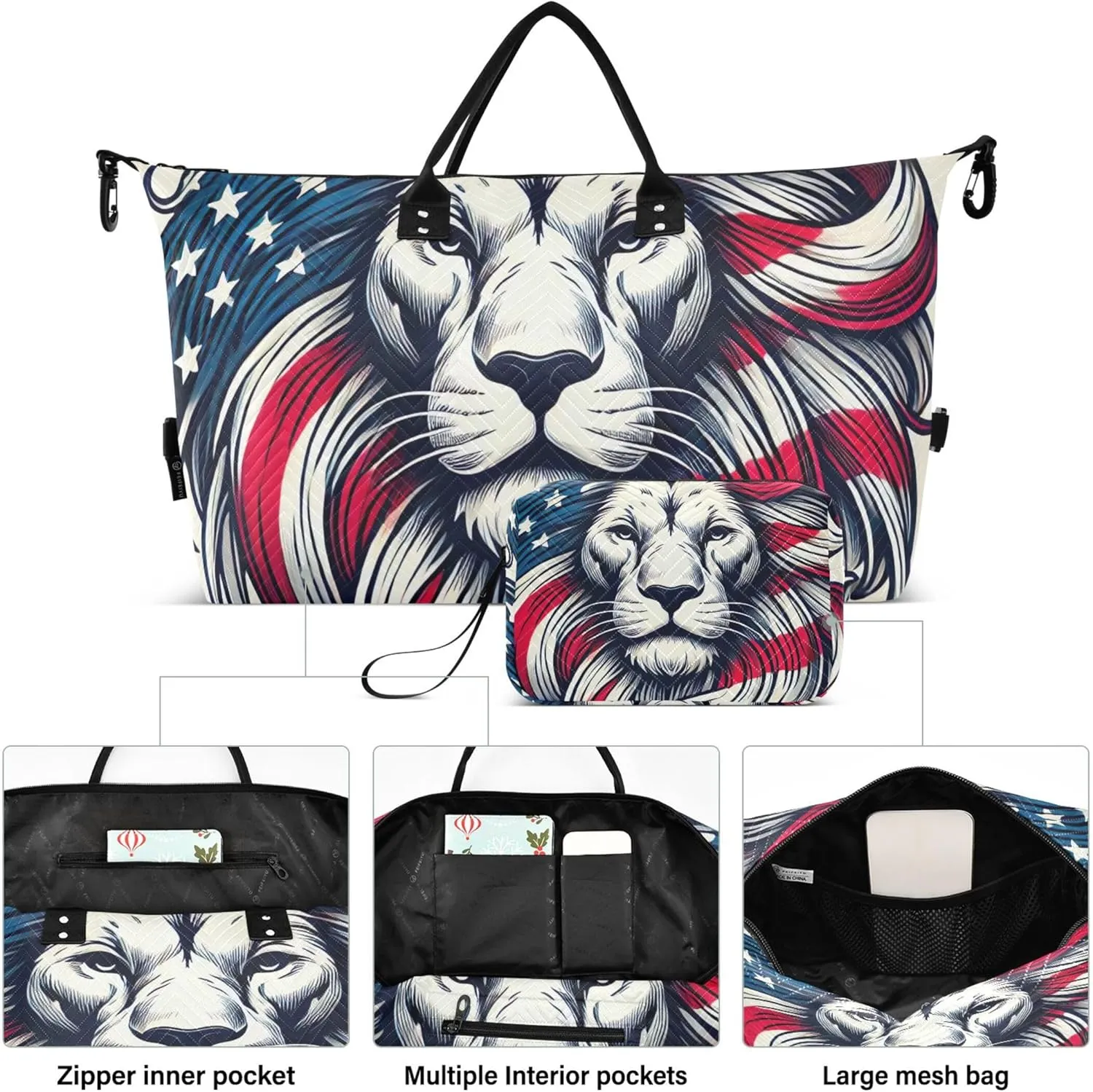 USA Lion Print Duffel Bags for Traveling Cosmetic Bag Set of 2, Print Women Sports Duffle Bag Carry on Duffle