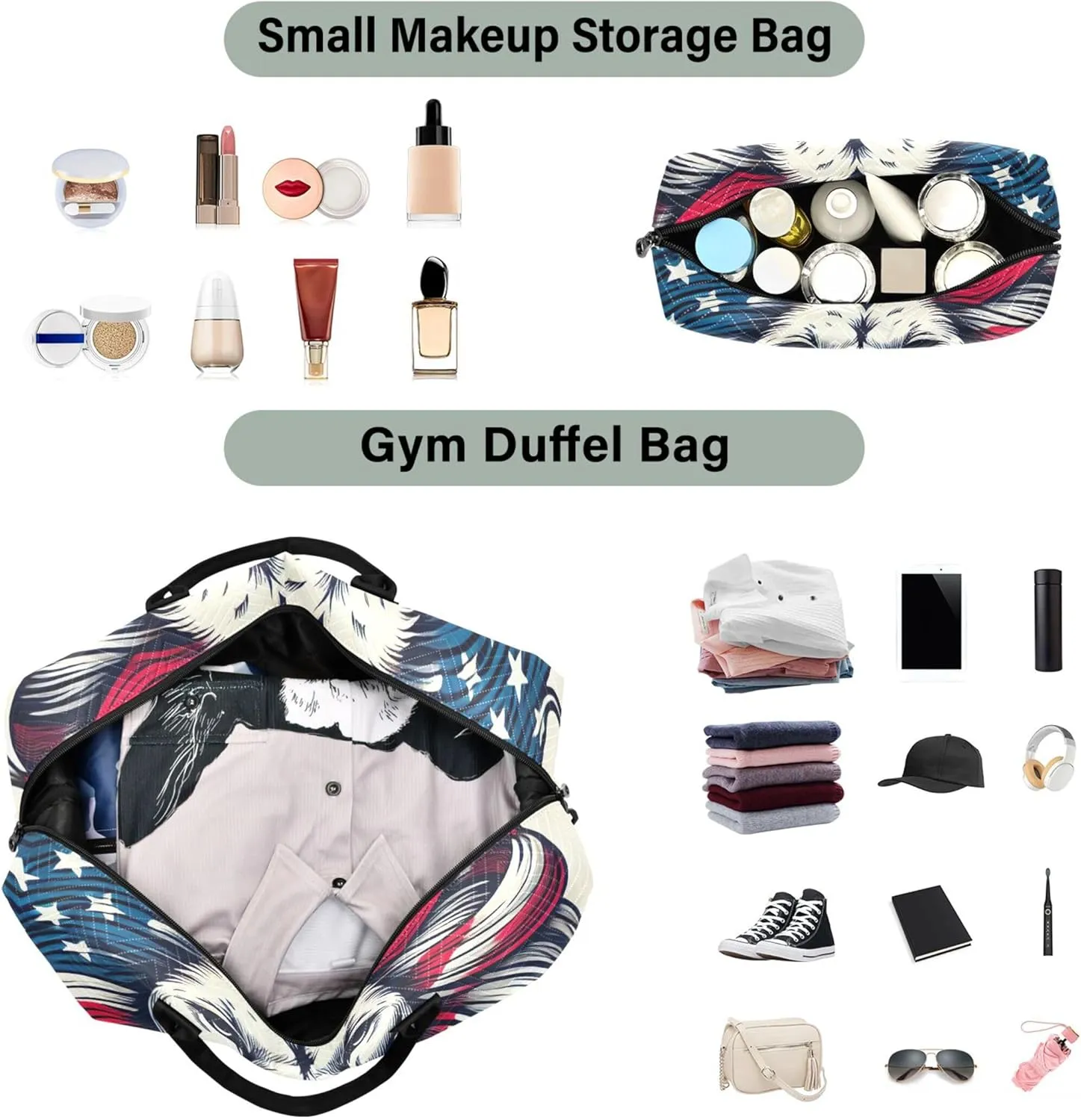 USA Lion Print Duffel Bags for Traveling Cosmetic Bag Set of 2, Print Women Sports Duffle Bag Carry on Duffle