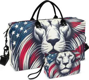 USA Lion Print Duffel Bags for Traveling Cosmetic Bag Set of 2, Print Women Sports Duffle Bag Carry on Duffle