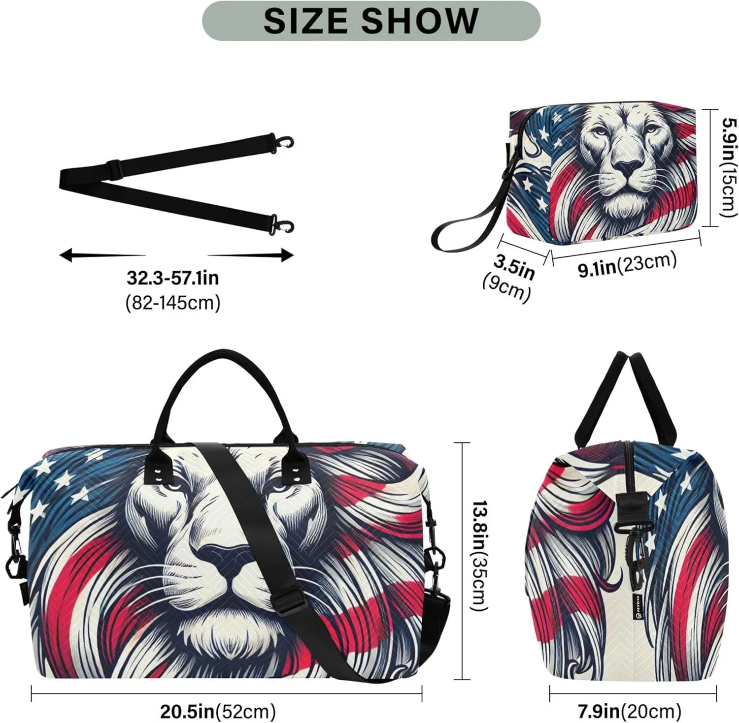 USA Lion Print Duffel Bags for Traveling Cosmetic Bag Set of 2, Print Women Sports Duffle Bag Carry on Duffle