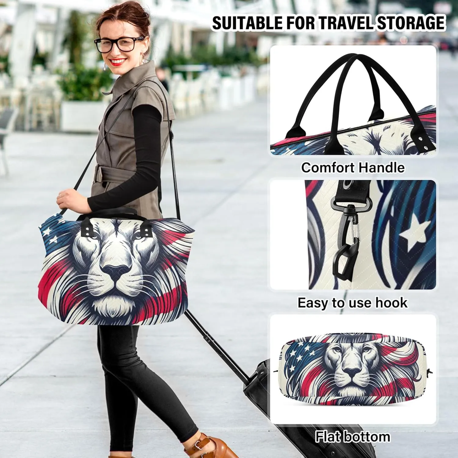 USA Lion Print Duffel Bags for Traveling Cosmetic Bag Set of 2, Print Women Sports Duffle Bag Carry on Duffle