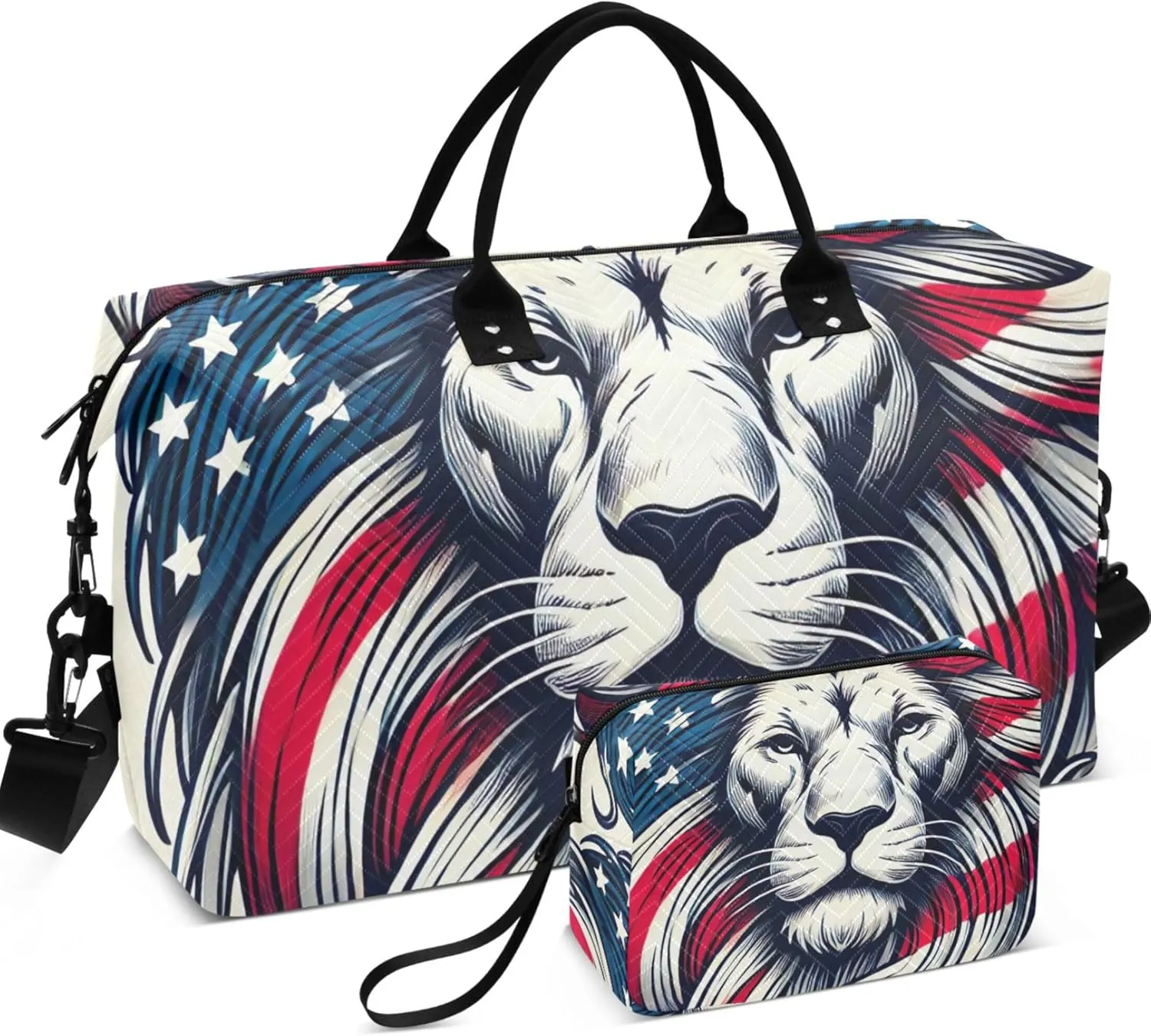 USA Lion Print Duffel Bags for Traveling Cosmetic Bag Set of 2, Print Women Sports Duffle Bag Carry on Duffle