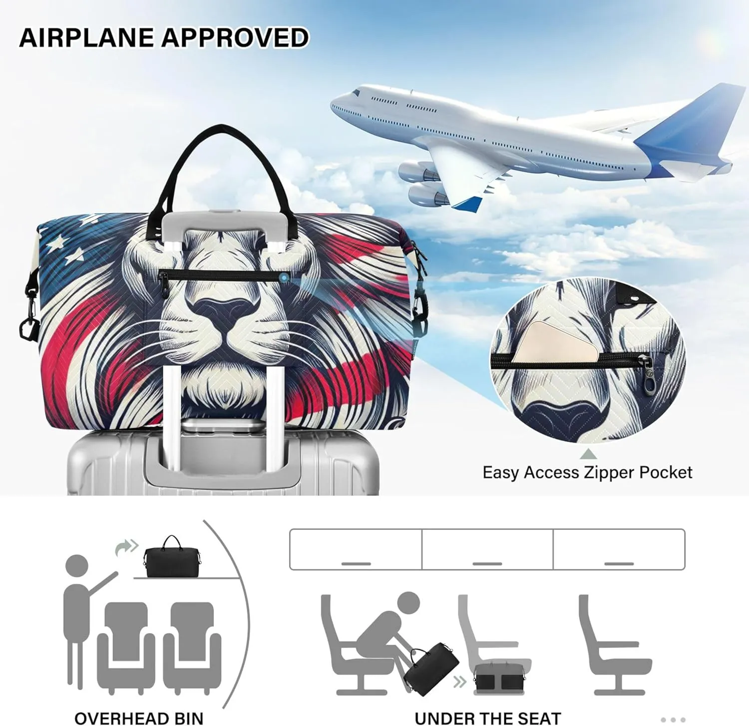 USA Lion Print Duffel Bags for Traveling Cosmetic Bag Set of 2, Print Women Sports Duffle Bag Carry on Duffle
