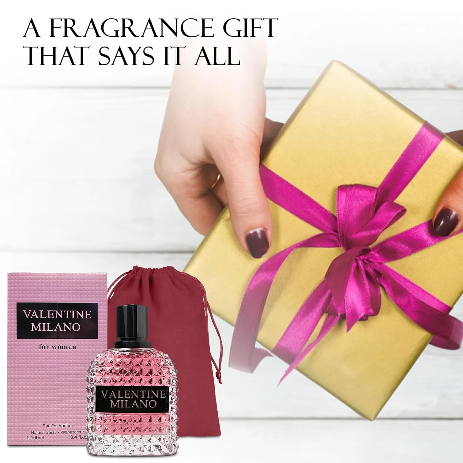 Valentine Milano Eau de Parfum Spray Perfume, Fragrance For Women-Daywear, Casual Daily Cologne Set with Suede Pouch- 3.4 Fl Oz Bottle Beauty Gift for Birthday, Anniversary