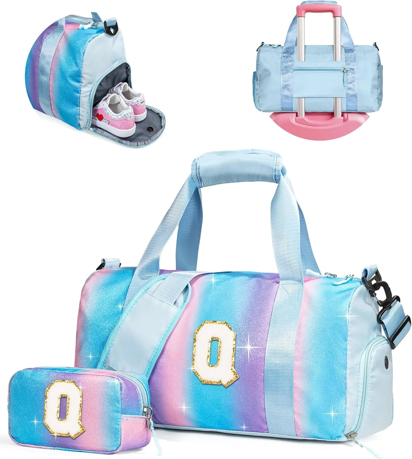 Valentines Day Gift for Girls-Girl Gym Bag with Shoe Compartment, Kid Personalized Weekender Overnight Bags, Initial Travel Tote with Makeup Pouch, Easter Gifts for Teen Daughter (Letter Q)