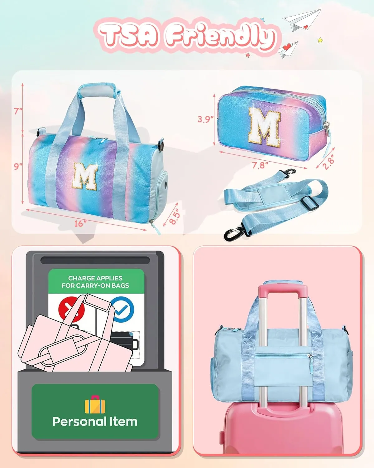 Valentines Day Gift for Girls-Girl Gym Bag with Shoe Compartment, Kid Personalized Weekender Overnight Bags, Initial Travel Tote with Makeup Pouch, Easter Gifts for Teen Daughter (Letter Q)
