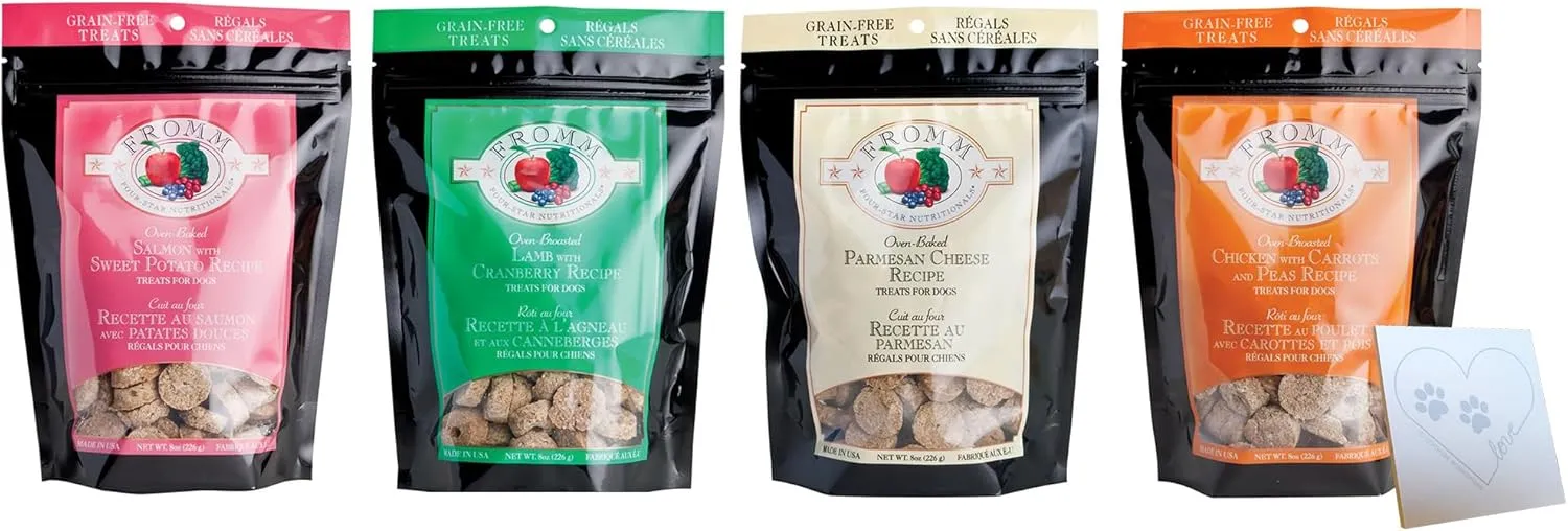 Variety Pack for Fromm-Four-Star Nutritionals Oven Baked Grain-Free Dog Treats All 4 Flavors: Chicken Carrots & Peas, Lamb & Cranberry, Salmon & Sweet Potato, Parmesan Cheese (8oz Each, 32oz Total)