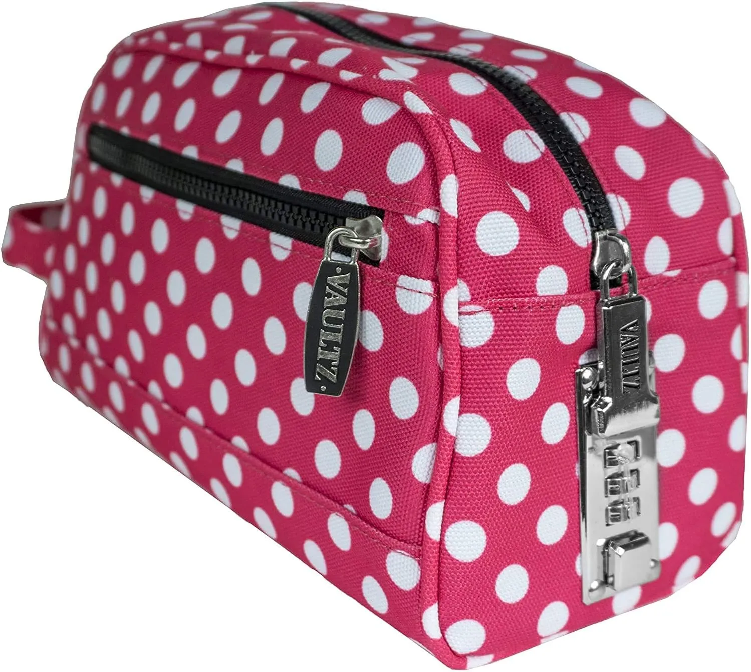 Vaultz Locking Nylon Travel Kit, 10 x 5.75 x 5 Inches, Pink/White Polka Dots (VZ03512)