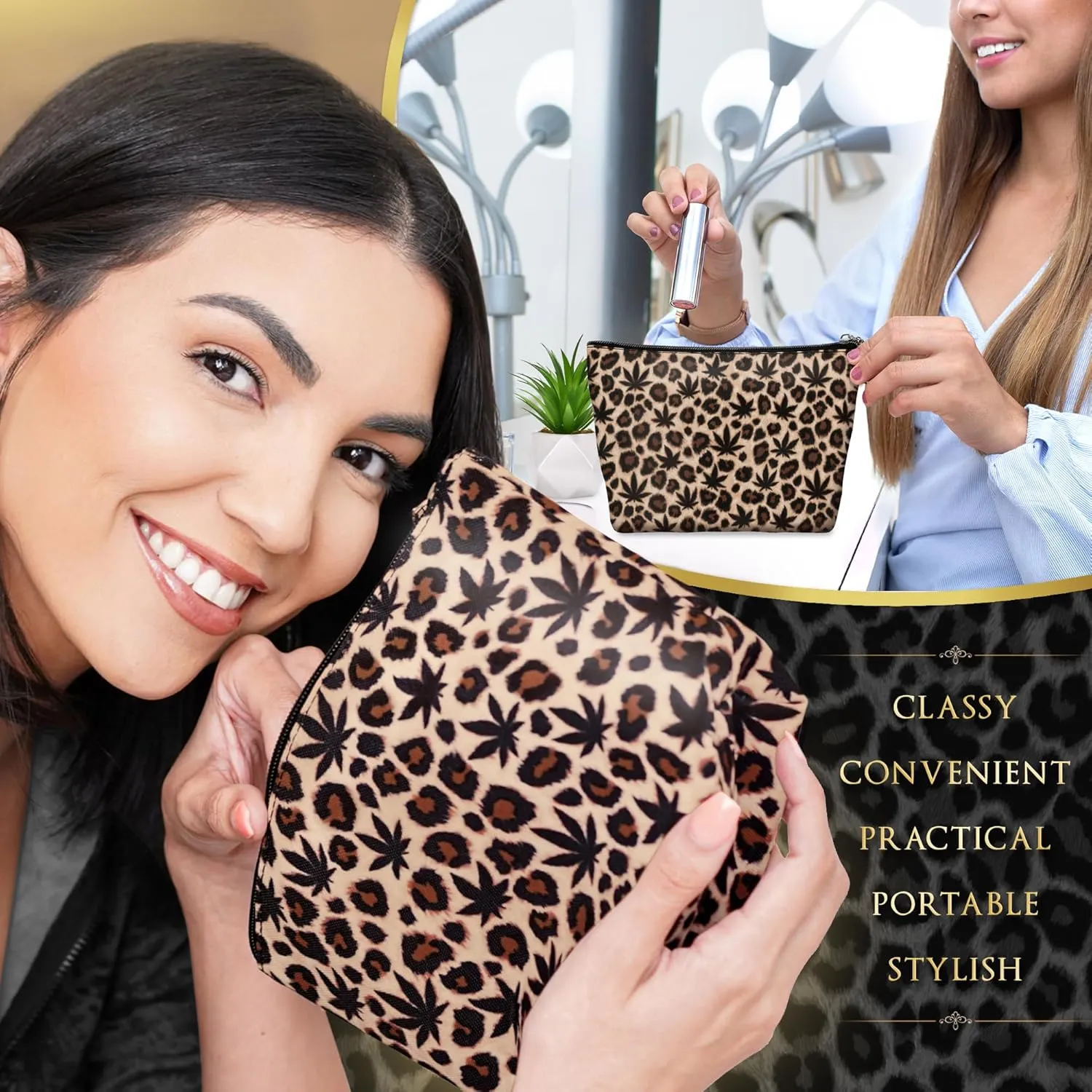 Vegan Leather Leopard Makeup Bag Cute Girly Girl Things Mothers Day Gifts for Mom Women Best Friend Birthday Stuff Sister Small Cosmetic Travel Toiletry Make Up Accessories Girls Gift Cheetah Print