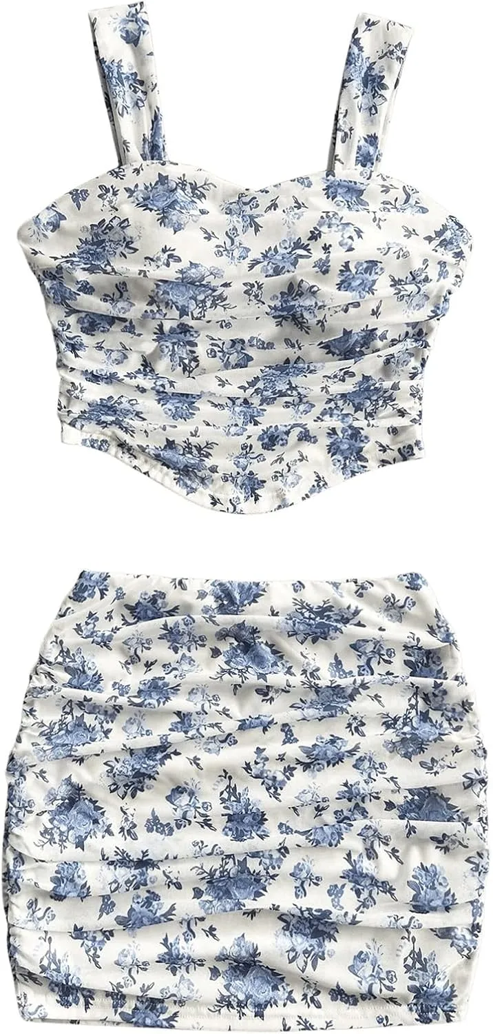 Verdusa Women's 2 Piece Outfits Floral Print Ruched Crop Tank Top and Bodycon Skirt Set