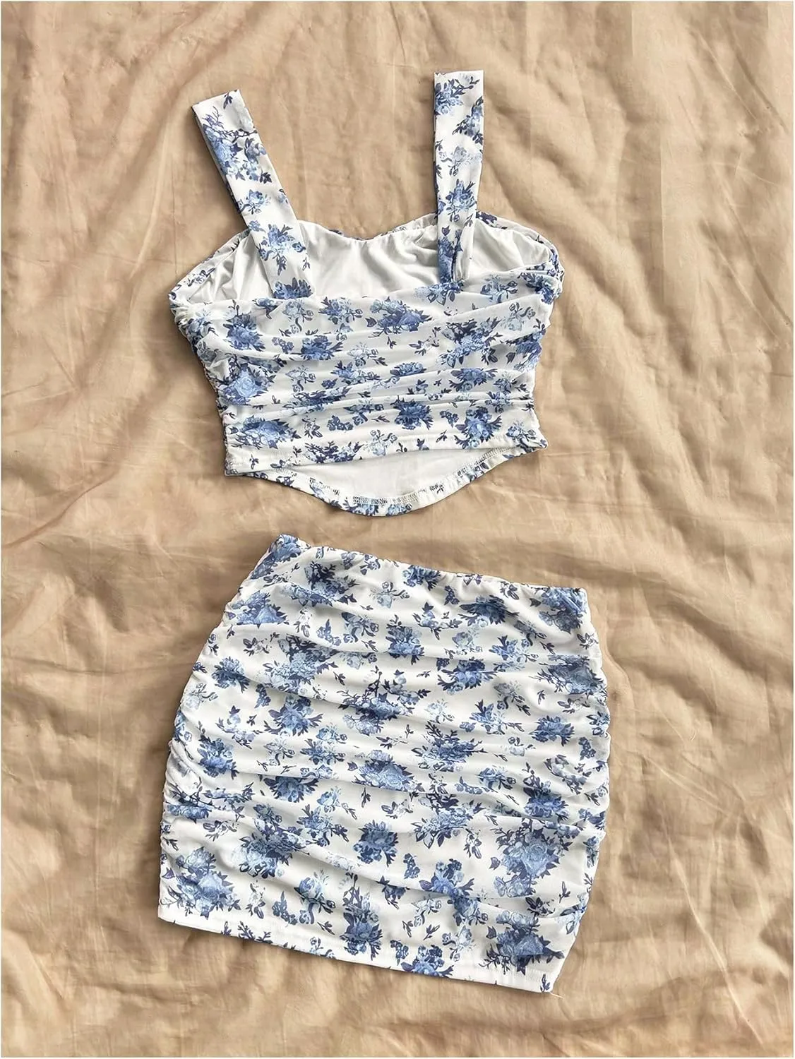 Verdusa Women's 2 Piece Outfits Floral Print Ruched Crop Tank Top and Bodycon Skirt Set