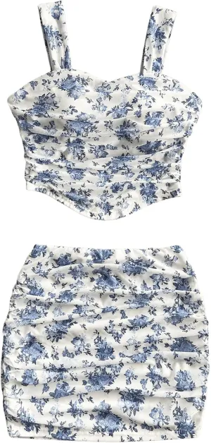 Verdusa Women's 2 Piece Outfits Floral Print Ruched Crop Tank Top and Bodycon Skirt Set
