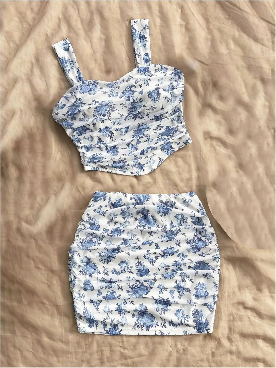 Verdusa Women's 2 Piece Outfits Floral Print Ruched Crop Tank Top and Bodycon Skirt Set