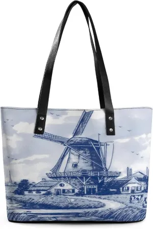 Vintage Blue Nederland Dutch Windmill Delft Women Tote Bags Top Handle Satchel Handbags Faux Leather Tassel Shoulder Purse