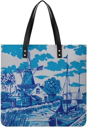Vintage Blue Nederland Dutch Windmill Delft Women Tote Bags Top Handle Satchel Handbags PU Faux Leather Tassel Shoulder Purse