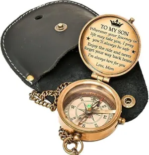 Vintage Brass Compass 2 Inch Poem Engraved Pocket Compass with Chain & Black Leather Case Maritime Compass for Hiking Travelling Camping Navigation Tool & Inspiration Gift