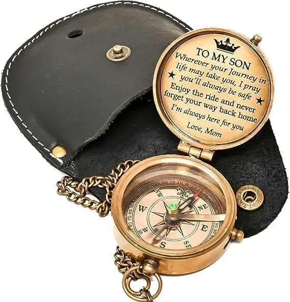 Vintage Brass Compass 2 Inch Poem Engraved Pocket Compass with Chain & Black Leather Case Maritime Compass for Hiking Travelling Camping Navigation Tool & Inspiration Gift