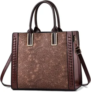 Vintage Embossed PU Leather Tote Bag for Women - Large Capacity Work Bag, Professional Office Tote with Durable Polyester Lining, Laptop and File Organizer Handbag for Commute