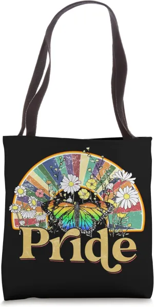 Vintage Gay Pride Flag Rainbow Grunge Wildflower Butterfly Tote Bag