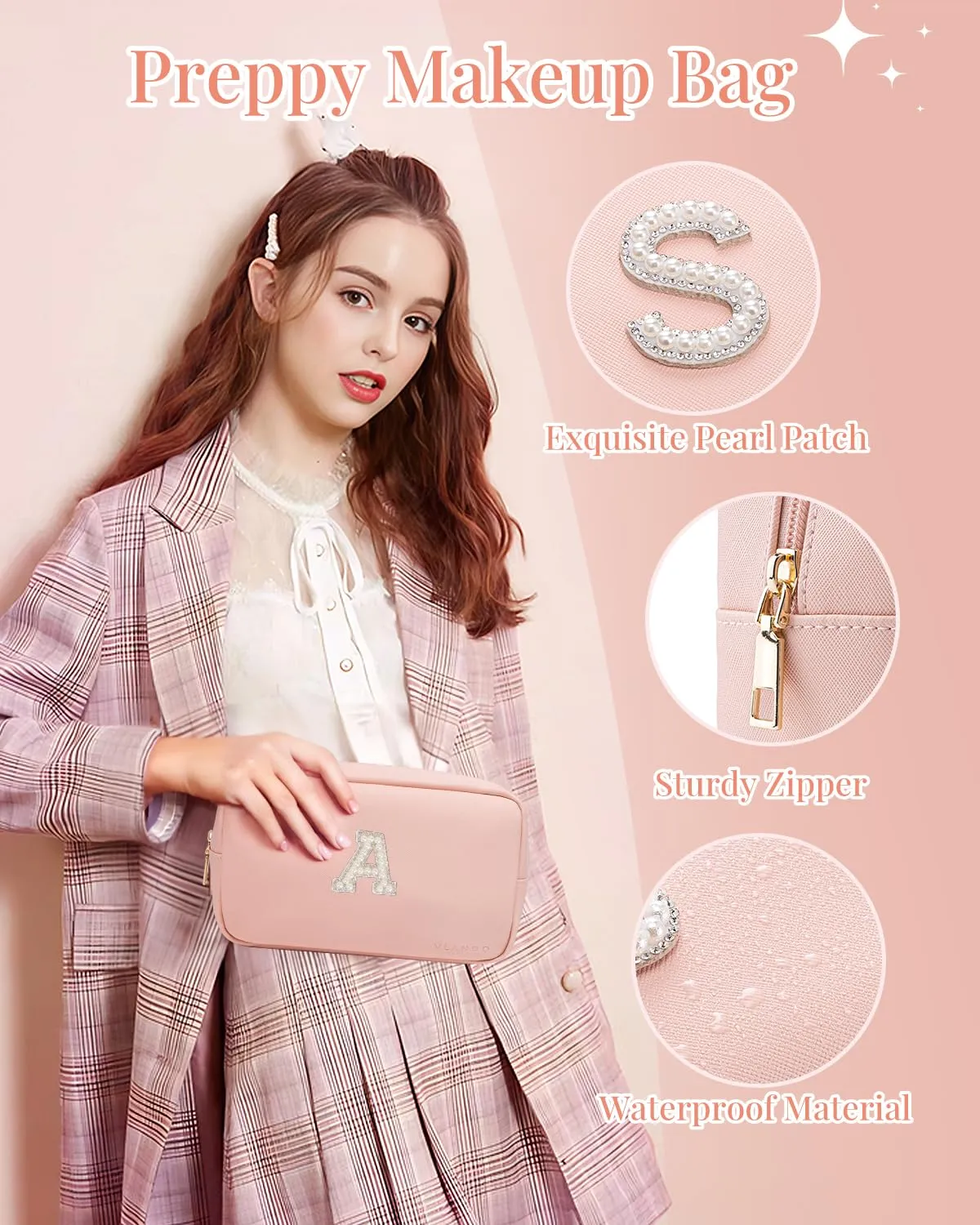Vlando Travel Gifts for Women Cute Initial Makeup Bag Graduation Gifts for Teen Personalized Birthday Gifts Idea for Women Teacher Bridesmaid Best Friend Mom,Letter M