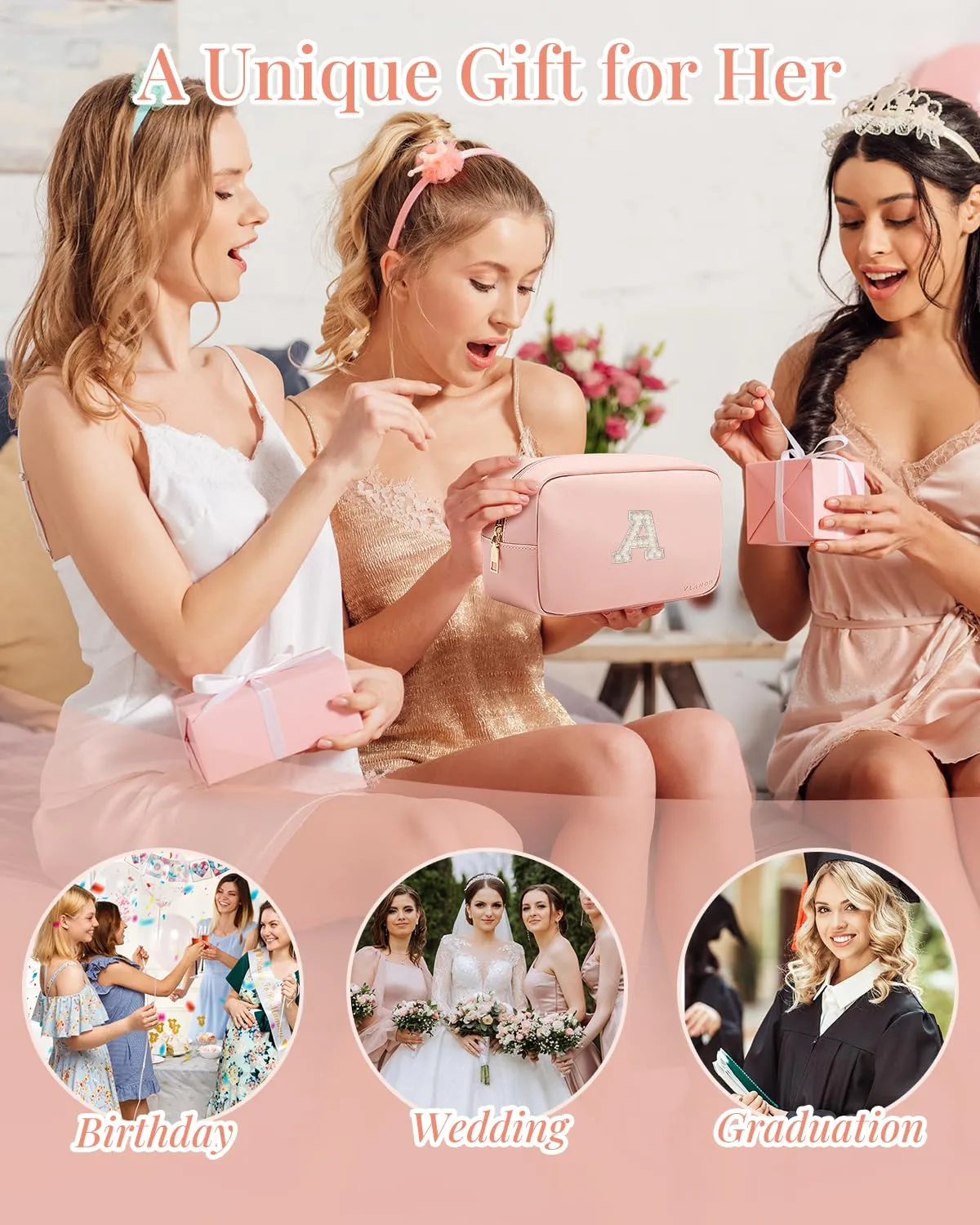Vlando Travel Gifts for Women Cute Initial Makeup Bag Graduation Gifts for Teen Personalized Birthday Gifts Idea for Women Teacher Bridesmaid Best Friend Mom,Letter M