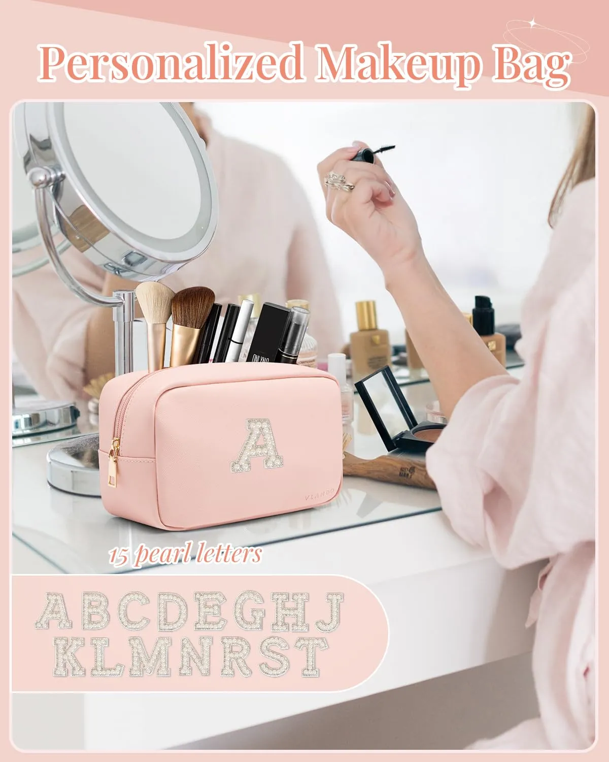 Vlando Travel Gifts for Women Cute Initial Makeup Bag Graduation Gifts for Teen Personalized Birthday Gifts Idea for Women Teacher Bridesmaid Best Friend Mom,Letter M