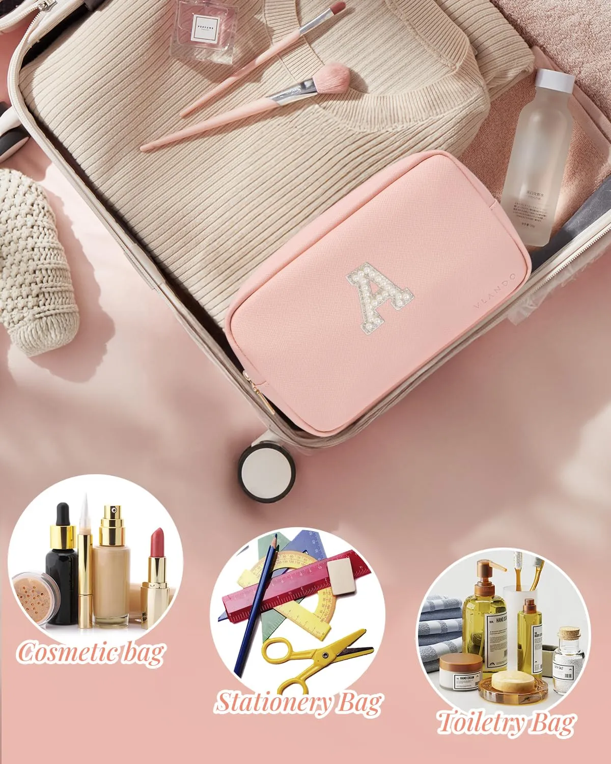 Vlando Travel Gifts for Women Cute Initial Makeup Bag Graduation Gifts for Teen Personalized Birthday Gifts Idea for Women Teacher Bridesmaid Best Friend Mom,Letter M