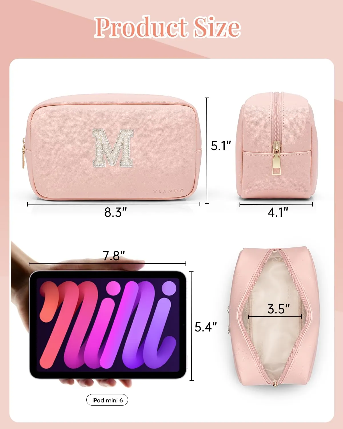 Vlando Travel Gifts for Women Cute Initial Makeup Bag Graduation Gifts for Teen Personalized Birthday Gifts Idea for Women Teacher Bridesmaid Best Friend Mom,Letter M