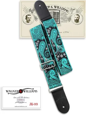 Walker & Williams JK-09 Vintage Bright Abalone Green And Black Paisley Design Guitar Strap With Brushed Nickel Hardware & Thick Leather Ends For Acoustic, Electric, And Bass Guitars