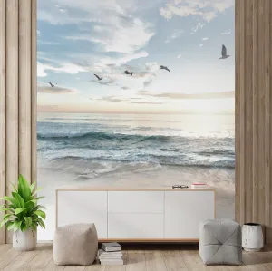 wall26 - Large Wall Mural - Seacape with Waves on The Beach and Flying Seagulls Self-Adhesive Vinyl Wallpaper Removable Modern Wall Decor - 108x72 inches