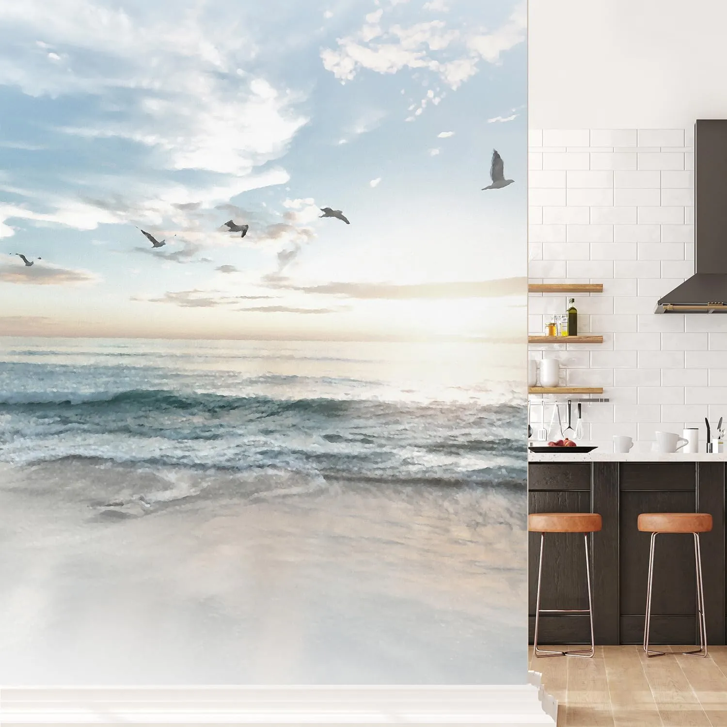 wall26 - Large Wall Mural - Seacape with Waves on The Beach and Flying Seagulls Self-Adhesive Vinyl Wallpaper Removable Modern Wall Decor - 108x72 inches