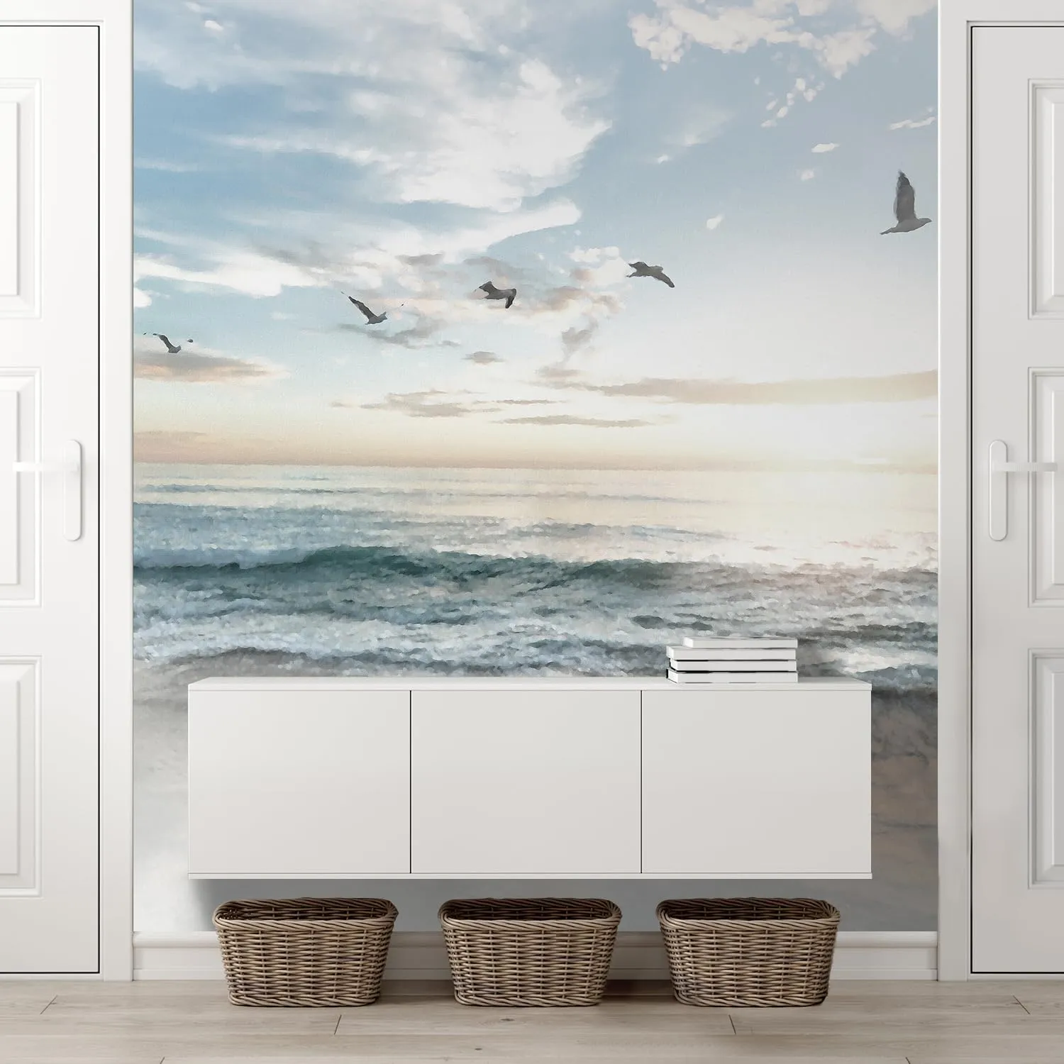 wall26 - Large Wall Mural - Seacape with Waves on The Beach and Flying Seagulls Self-Adhesive Vinyl Wallpaper Removable Modern Wall Decor - 108x72 inches