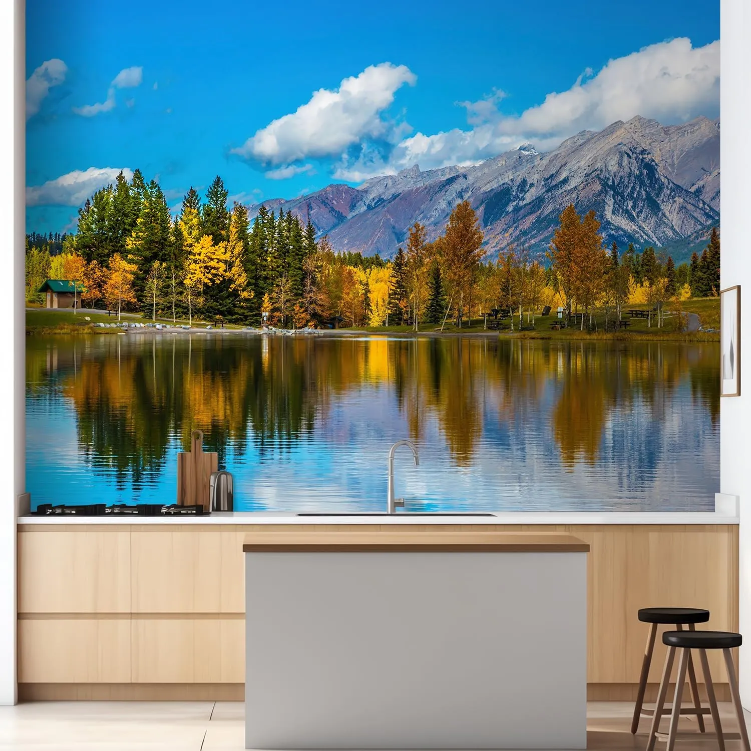 wall26 Removable Wall Sticker/Wall Mural Autumn Fall Forest Tree Mountain Lake Nature Wilderness Photography Realism Rustic Landscape Global Zen for Living Room, Bedroom, Office - 48x72 inches