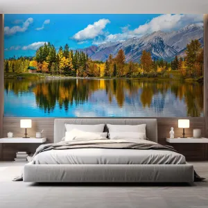 wall26 Removable Wall Sticker/Wall Mural Autumn Fall Forest Tree Mountain Lake Nature Wilderness Photography Realism Rustic Landscape Global Zen for Living Room, Bedroom, Office - 48x72 inches