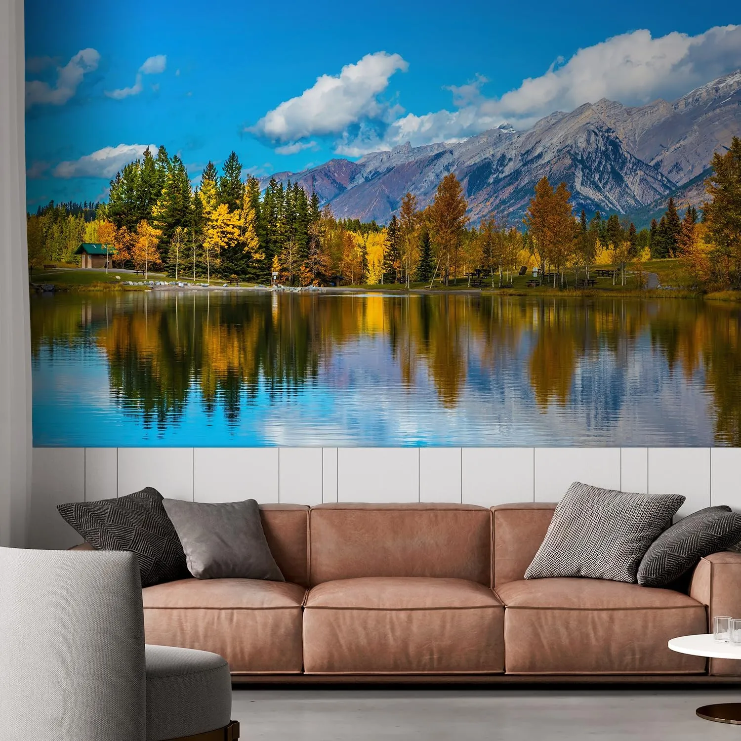wall26 Removable Wall Sticker/Wall Mural Autumn Fall Forest Tree Mountain Lake Nature Wilderness Photography Realism Rustic Landscape Global Zen for Living Room, Bedroom, Office - 48x72 inches