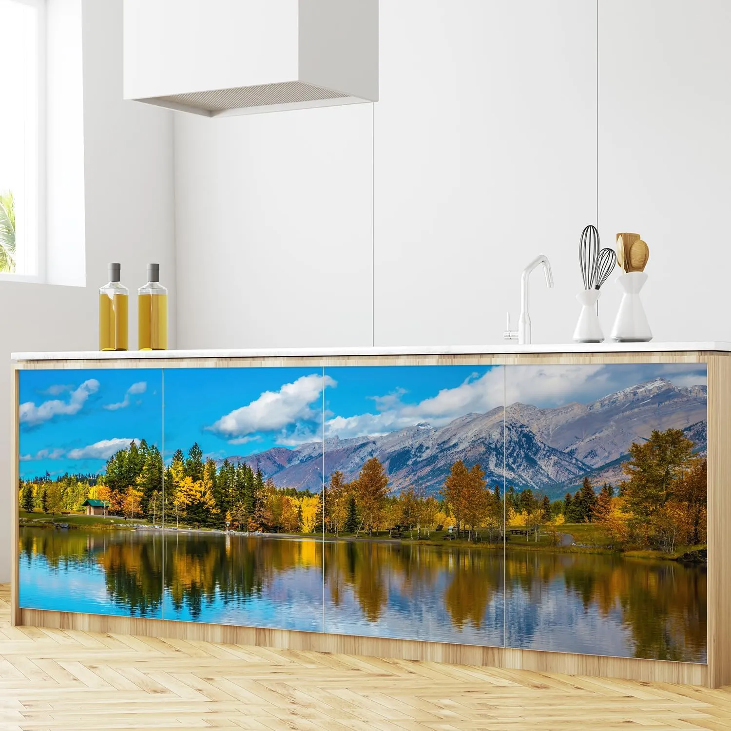wall26 Removable Wall Sticker/Wall Mural Autumn Fall Forest Tree Mountain Lake Nature Wilderness Photography Realism Rustic Landscape Global Zen for Living Room, Bedroom, Office - 48x72 inches