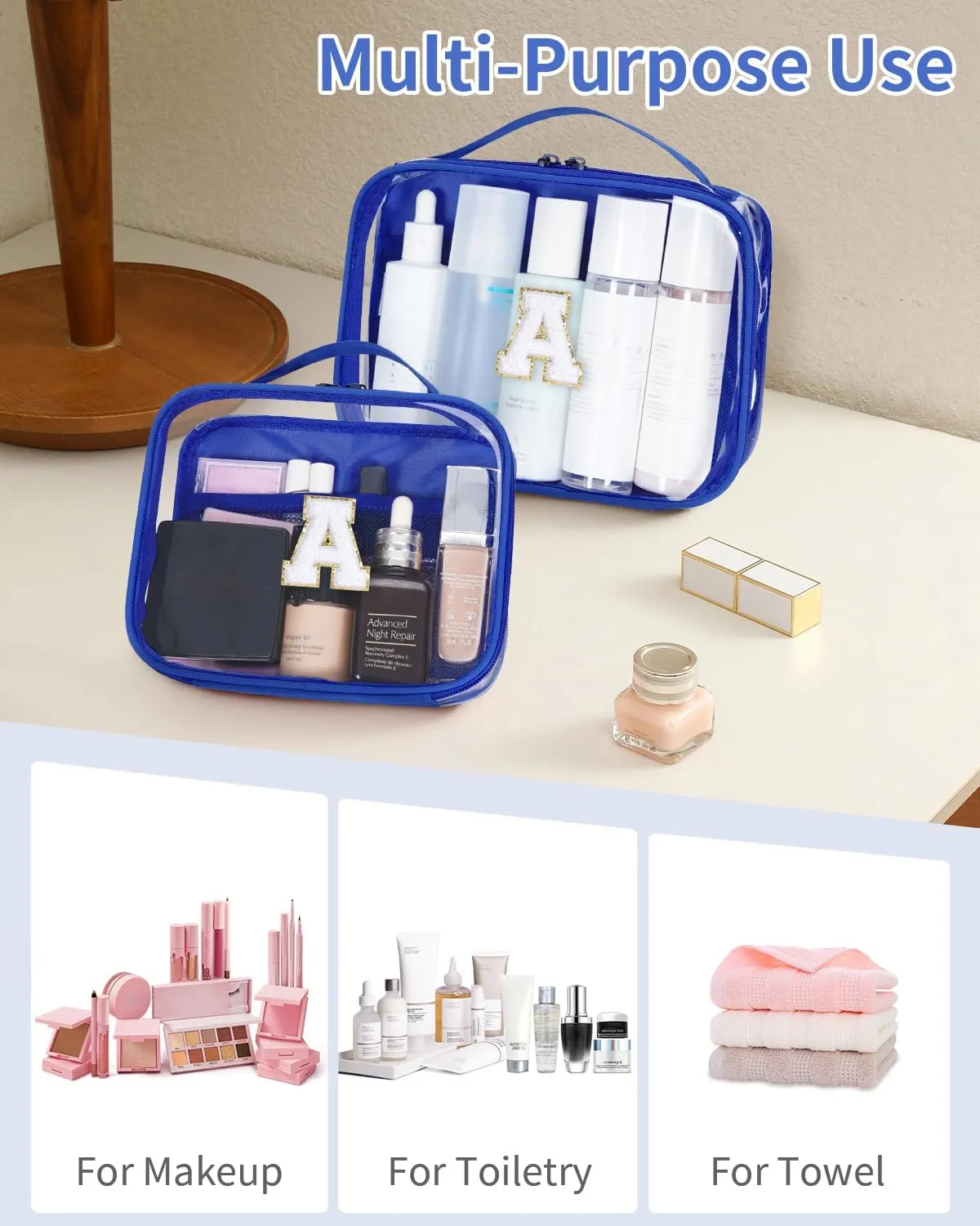 Wandering Nature Clear Makeup Bags 2 Pack Personalized Initial Makeup Pouch Preppy Small Cosmetic Pouch Organizer Travel Toiletry Bag, Birthday Gifts for Girlfriend Women