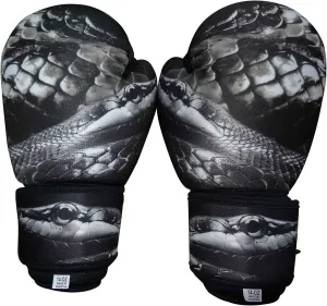 Washable Grey Boxing Bag Gloves with Imprint Snake 10oz Kickboxing, Fighting Gloves, Muay Thai Training Gloves, Heavy Bag Speed Punching Gloves.