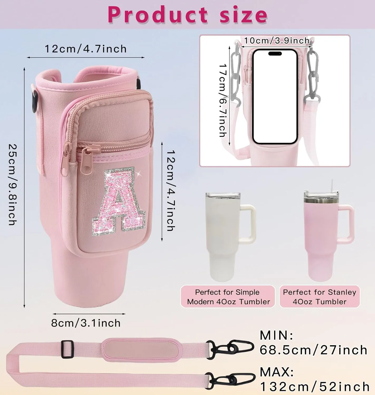 Water Bottle Carrier Bag with Pocket for Stanley 40 Oz Tumbler Accessories,Initial Letter Water Bottle Holder Pouch with Crossbody Strap and Carabiner for Hiking Travel Picnic (Pink I)