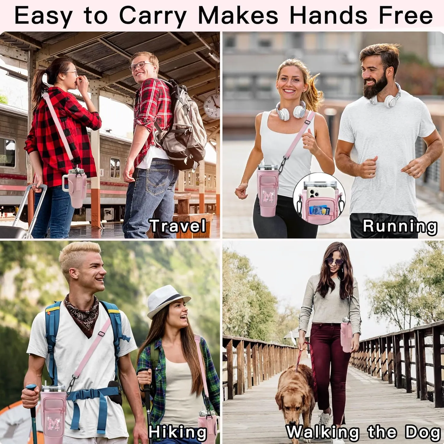 Water Bottle Carrier Bag with Pocket for Stanley 40 Oz Tumbler Accessories,Initial Letter Water Bottle Holder Pouch with Crossbody Strap and Carabiner for Hiking Travel Picnic (Pink I)