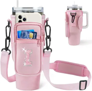 Water Bottle Carrier Bag with Pocket for Stanley 40 Oz Tumbler Accessories,Initial Letter Water Bottle Holder Pouch with Crossbody Strap and Carabiner for Hiking Travel Picnic (Pink I)