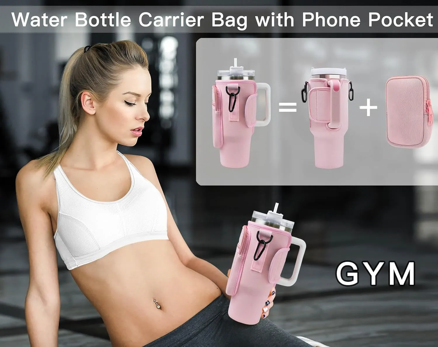 Water Bottle Carrier Bag with Pocket for Stanley 40 Oz Tumbler Accessories,Initial Letter Water Bottle Holder Pouch with Crossbody Strap and Carabiner for Hiking Travel Picnic (Pink I)
